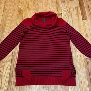 Ralph Lauren Long Sleeve Red & Black Striped Cowl Neck Wool Blend Tunic Sweater